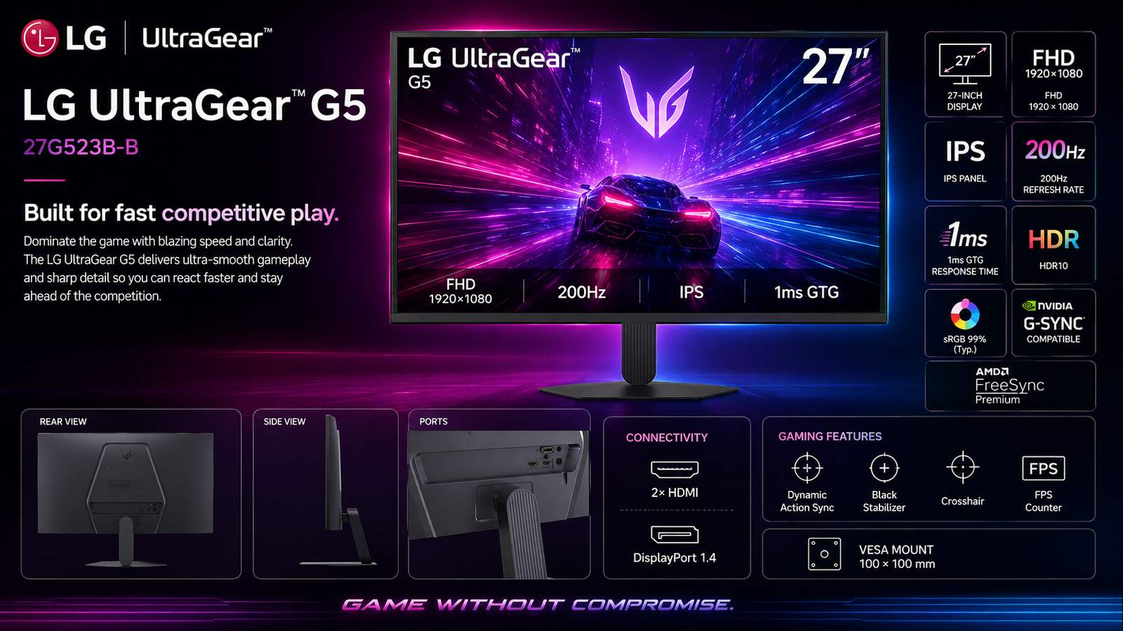 LG UltraGear G5 27G523B-B 27-inch FHD IPS Gaming Monitor, 200Hz, 1ms GTG, HDR10, NVIDIA G-SYNC Compatible, AMD FreeSync Premium, HDMI 2.0, DisplayPort 1.4, Black | 27G523B-B